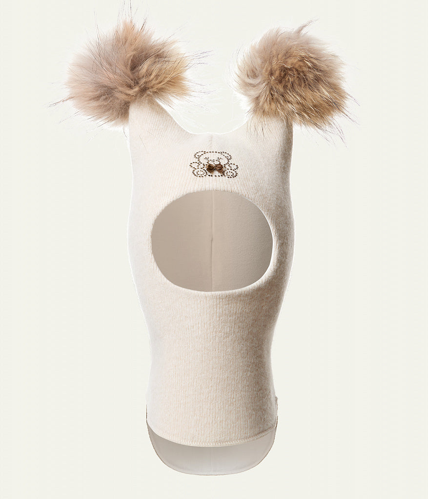 60302 Girls’ Knitted Winter Balaclava with Double Natural Fur Pom-Poms & Teddy Bear Design | 9–18 Months, 18–30 Months, 3–4, 5-6 Years (48–54 cm)
