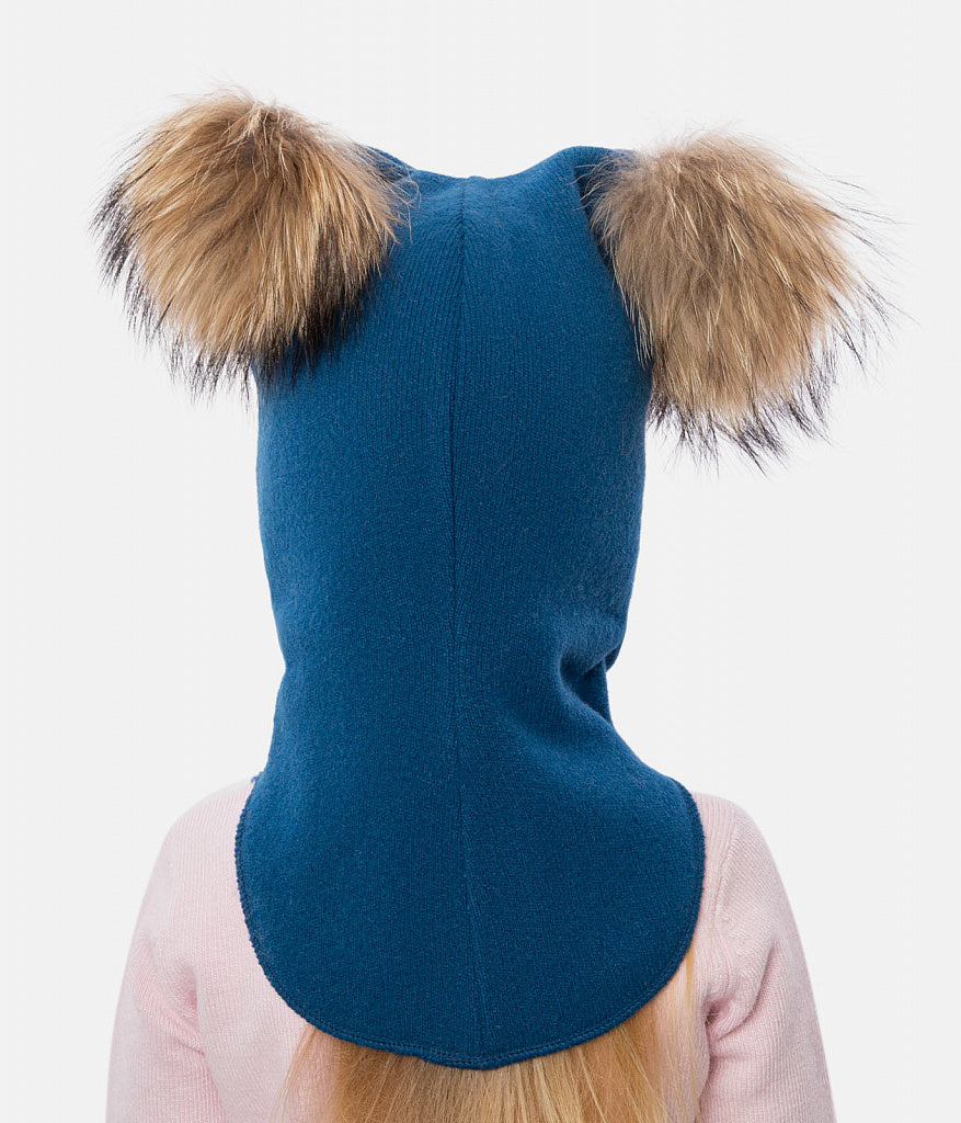60302 Girls’ Knitted Winter Balaclava with Double Natural Fur Pom-Poms & Teddy Bear Design | 9–18 Months, 18–30 Months, 3–4, 5-6 Years (48–54 cm)