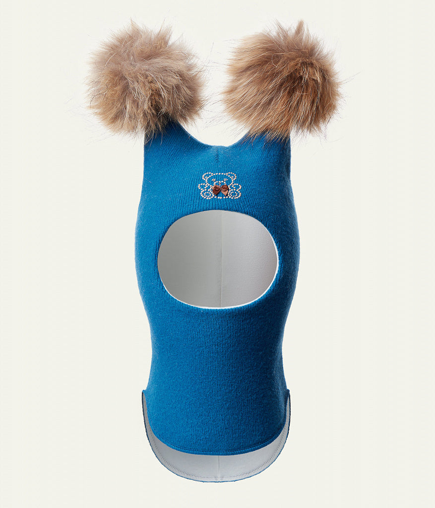 60302 Girls’ Knitted Winter Balaclava with Double Natural Fur Pom-Poms & Teddy Bear Design | 9–18 Months, 18–30 Months, 3–4, 5-6 Years (48–54 cm)