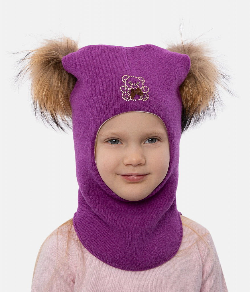 60302 Girls’ Knitted Winter Balaclava with Double Natural Fur Pom-Poms & Teddy Bear Design | 9–18 Months, 18–30 Months, 3–4, 5-6 Years (48–54 cm)