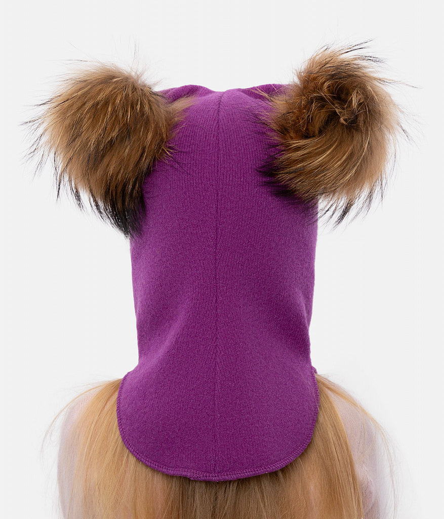 60302 Girls’ Knitted Winter Balaclava with Double Natural Fur Pom-Poms & Teddy Bear Design | 9–18 Months, 18–30 Months, 3–4, 5-6 Years (48–54 cm)