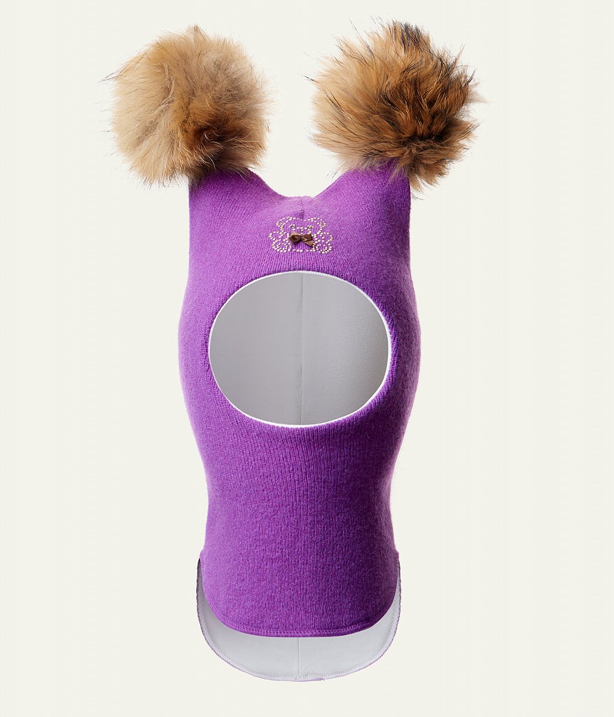 60302 Girls’ Knitted Winter Balaclava with Double Natural Fur Pom-Poms & Teddy Bear Design | 9–18 Months, 18–30 Months, 3–4, 5-6 Years (48–54 cm)