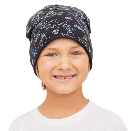 90921 Kids' Cotton Beanie Hat – Shark Print | Size 52–54 | Ages 2.5–6 Y | Boys' Slouchy Cap for Spring & Fall