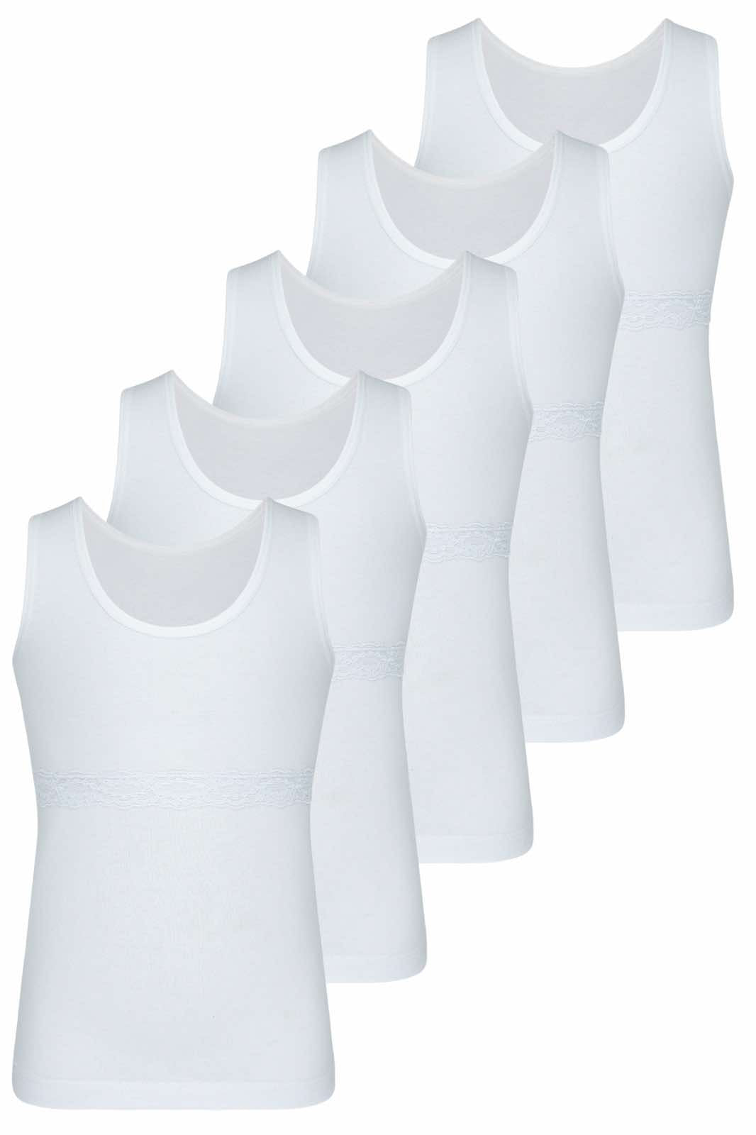 1568 BiyoKids Girls’ Tank Tops with Rhinestones, Lace Detail & Thin Straps – Pack of 5 | 95% Cotton, 5% Elastane | Ages 9–10 | White | Made in Turkey | Price per Pack (5 pcs.)