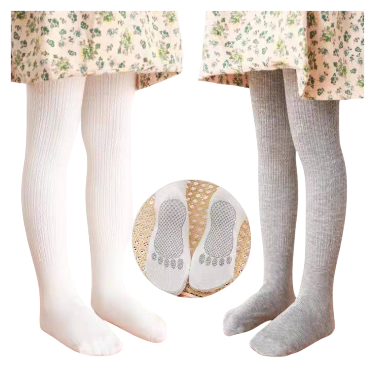 302 Girls’ Ribbed Cotton Tights with Non-Slip Sole – Perfect for School & Everyday Wear | Ages 4–12 | Made in Korea
