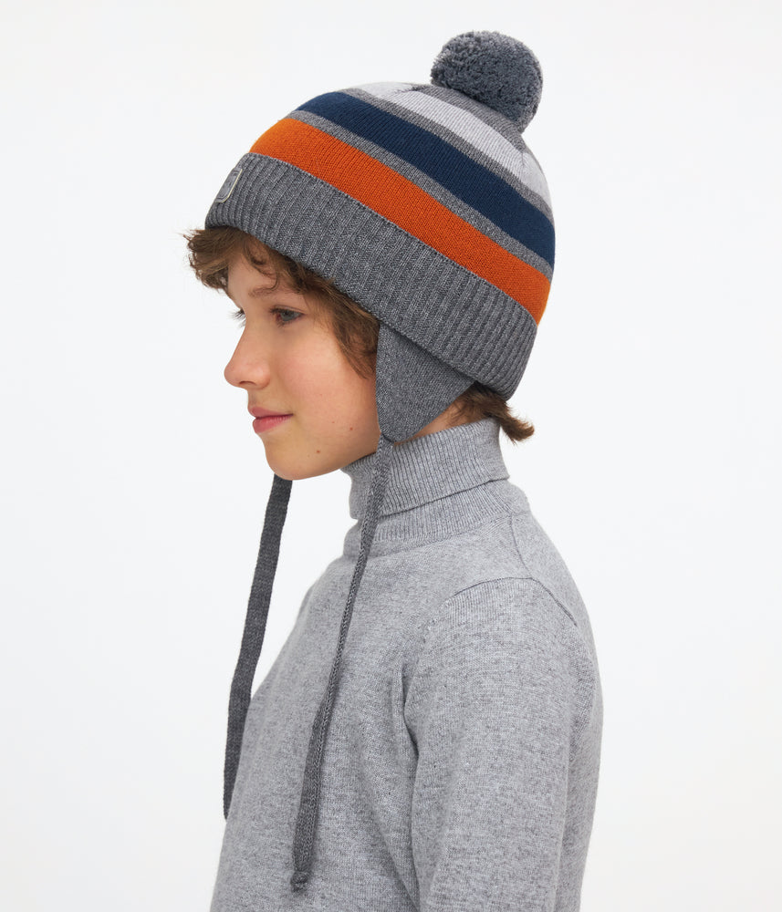 11015 Boys’ Knitted Euro Winter Hat with Earflaps, Colorful Stripes & Pom-Pom – Wool Blend | Sizes 54–56 | Ages 6–12