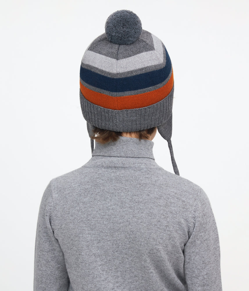 11015 Boys’ Knitted Euro Winter Hat with Earflaps, Colorful Stripes & Pom-Pom – Wool Blend | Sizes 54–56 | Ages 6–12