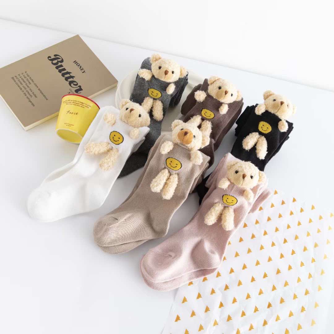 6106 Girls' Cotton Tights -Plush Bear Toy | Spring–Fall | 6 Colors | Ages 2–10 Years