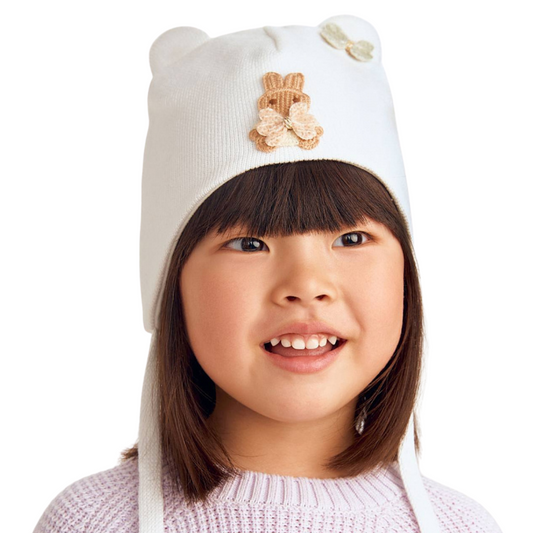 11722 Girls' Baby Beanie with 3D Teddy & Bows 🎀 100% Cotton | Size 48–50 | Ages 9–18 Months | Spring & Autumn