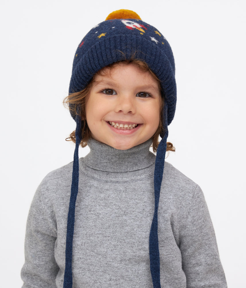 11260 Boys’ Knitted Winter Hat with Pom-Pom & Earflaps – Rocket & Stars Design | Sizes 48–50 cm | 9–18 Months | Сashmere, Wool | 100% Cotton Lining