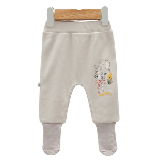 8213 Newborn Baby Boy Footed Pants with Knitted Bottom – Beige with "Happy" Animal Print | 100% Cotton | 0–6M | Turkey