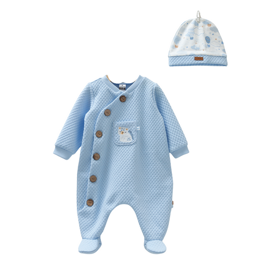 8346 Caramell Baby Boys’ Lightweight Cotton Jumpsuit with Hat – Spring | 0–12 Months | 100% Cotton | Made in Turkey