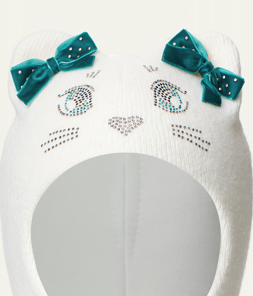 60654 Girls’ Knitted Winter Balaclava with Cat Ears & Velvet Bows | Cashmere & Wool | Ages 9-18, 18–30 Months, 3–4, 5–6, 7–8 Years (48–55 cm)