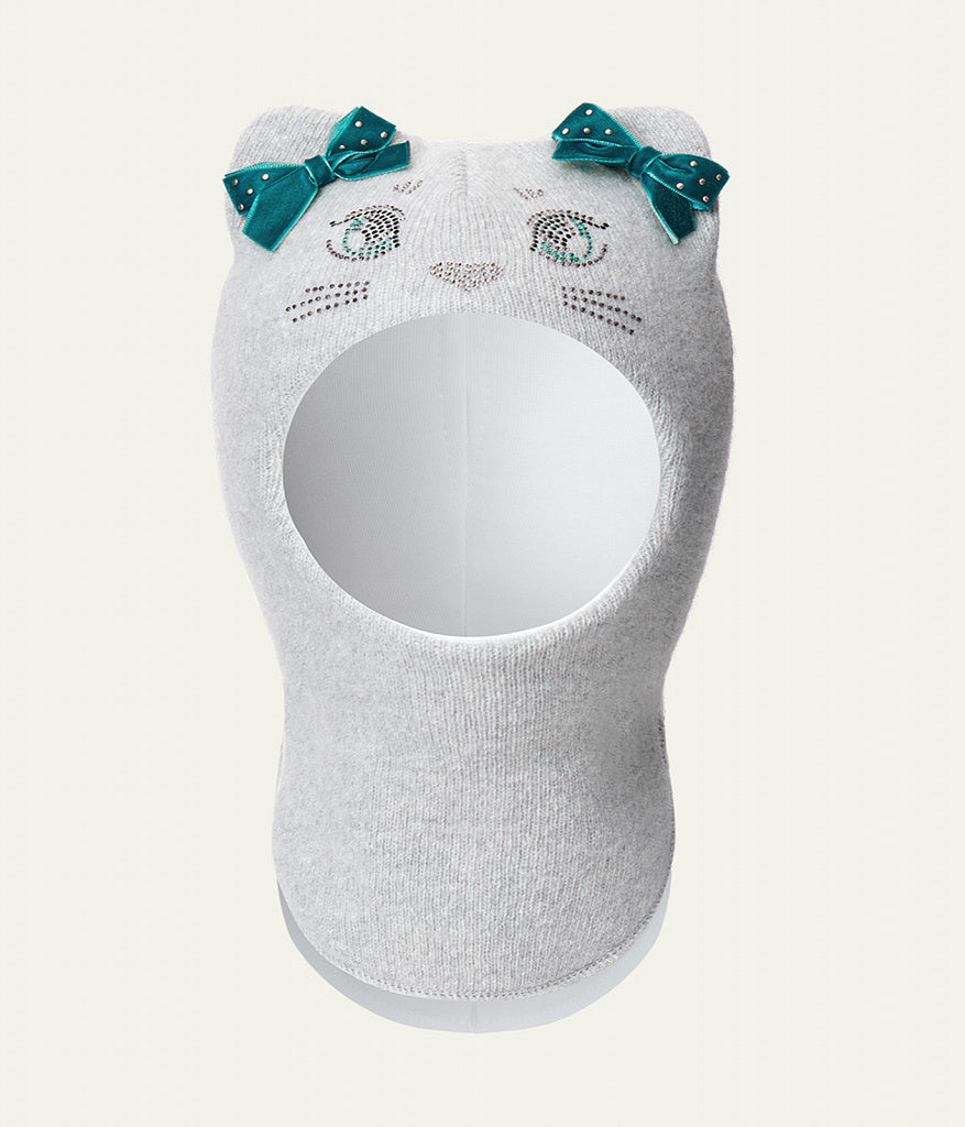 60654 Girls’ Knitted Winter Balaclava with Cat Ears & Velvet Bows | Cashmere & Wool | Ages 9-18, 18–30 Months, 3–4, 5–6, 7–8 Years (48–55 cm)