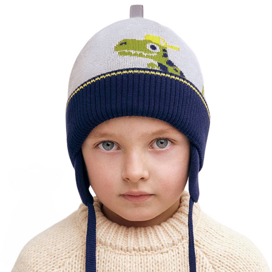 11706 Boys' Dinosaur Knit Beanie with Earflaps 🦕 100% Cotton | Size 50–52 | Ages 18–36 Months | Spring & Autumn