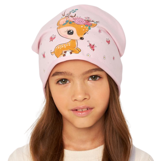 10874 Girls' Cotton Beanie with Cute Deer & Floral Print 🌸  Size 50–52 | Ages 18–36 Months | Spring & Autumn | White & Pink Options