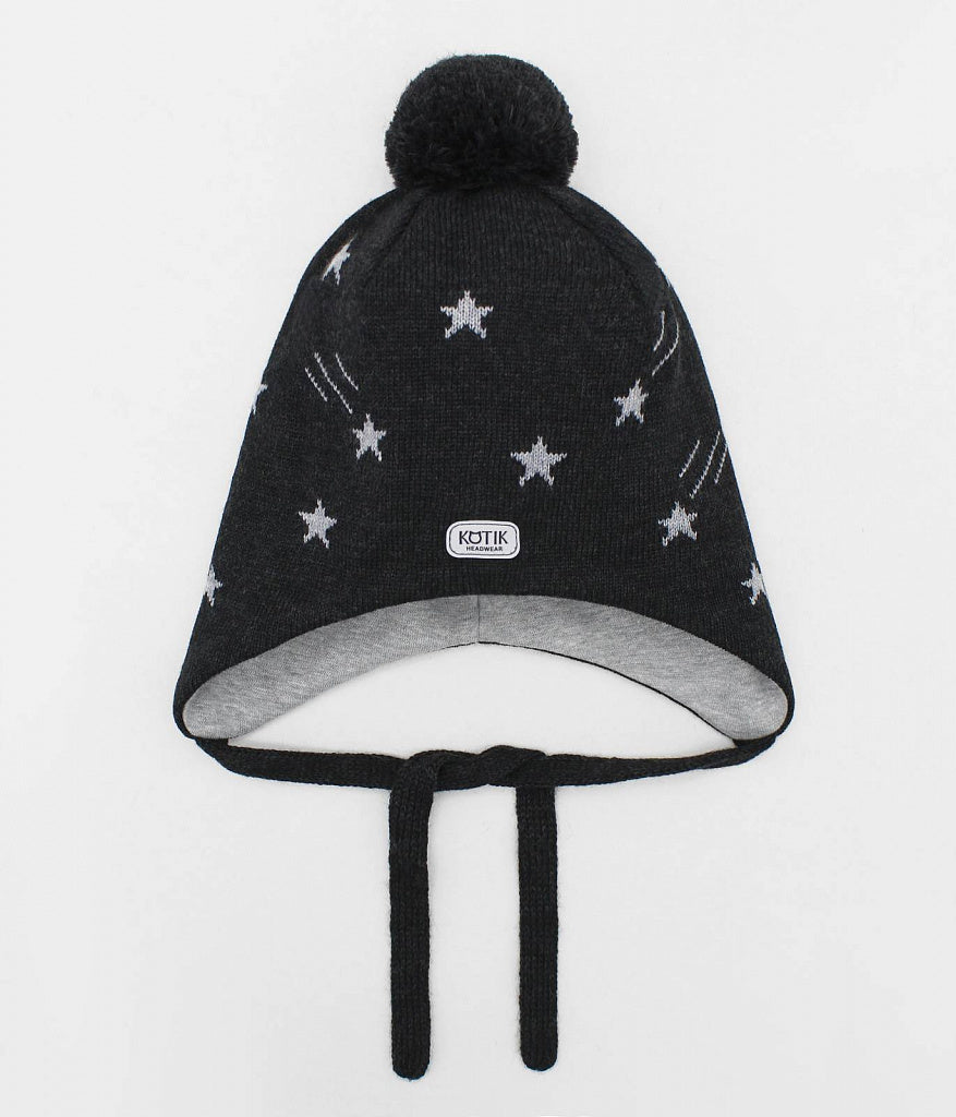 10209 Boys’ Euro Winter Knit Hat with Stars & Reflective Details, Ties & Pom-Pom | Sizes 50–52 cm | 18–36 Months | Wool | 100% Cotton Lining