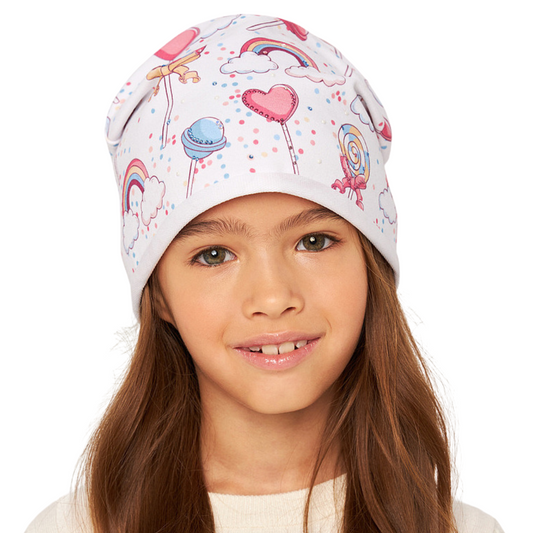 10876 Girls' Cotton Beanie with Balloons, Rainbows & Lollipops Print 🌈  Size 50–52 | Ages 18–36 Months | Spring & Autumn | White