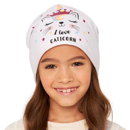 10875 Girls' White Beanie "I Love Caticorn" – Cat Unicorn Print & Glitter Crown ✨ Size 50–52 | Ages 18–36 Months | Spring & Autumn | Cotton Blend
