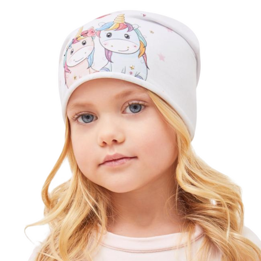 81125 Girls' White Beanie with Two Cute Unicorns – Pastel Print for Toddlers 🌈  Size 50–52 | Ages 18–36 Months | Spring & Autumn | Cotton Blend