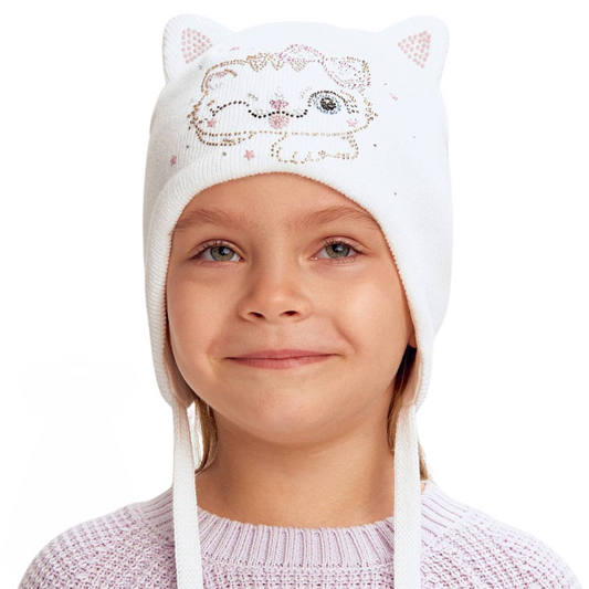 11717 Girls' Kitten Ears Cotton Beanie with Rhinestones 🐱 100% Cotton | Size 50–52 | Ages 18–36 Months | Spring & Autumn