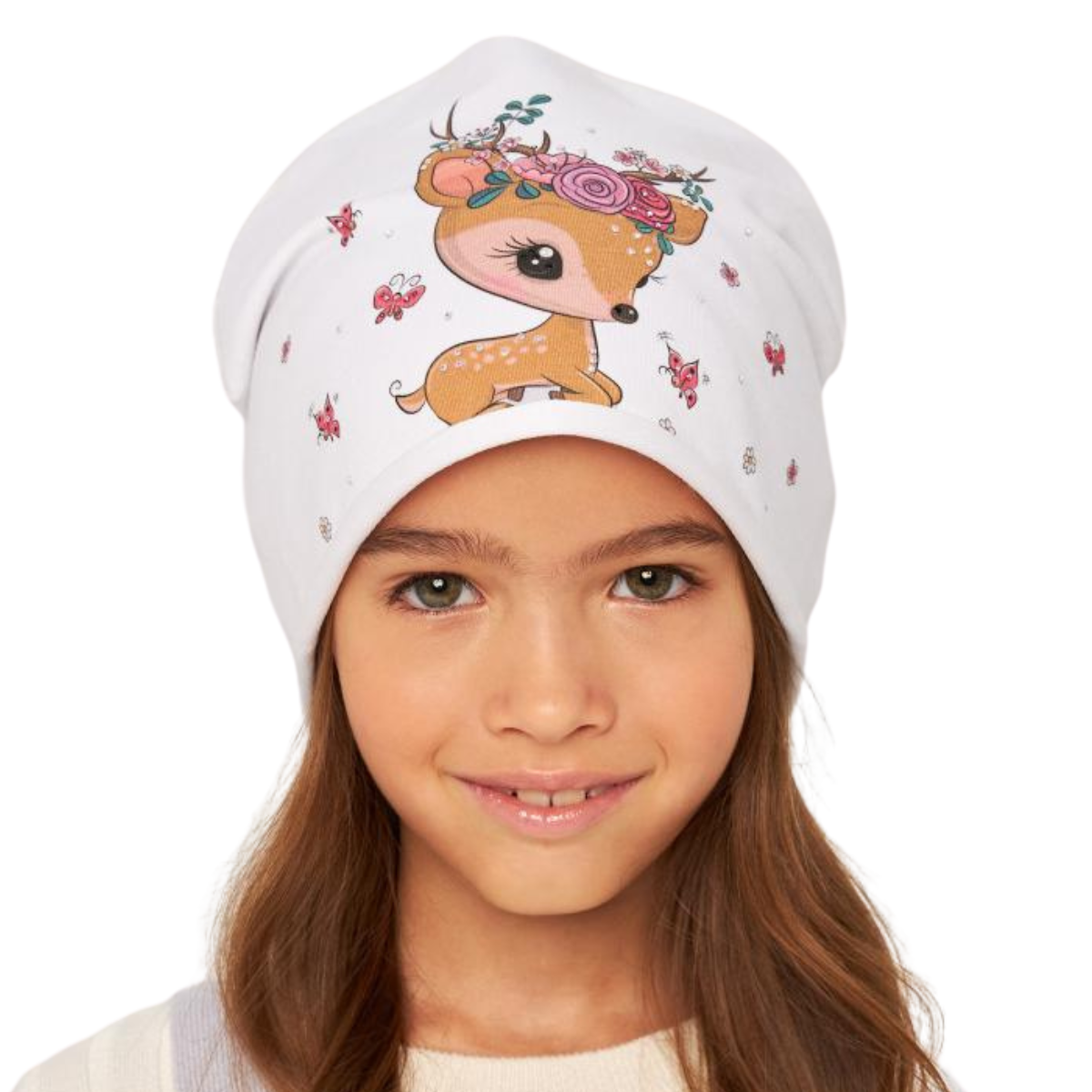 10874 Girls' Cotton Beanie with Cute Deer & Floral Print 🌸  Size 50–52 | Ages 18–36 Months | Spring & Autumn | White & Pink Options