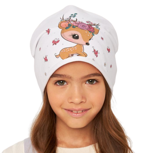 10874 Girls' Cotton Beanie with Cute Deer & Floral Print 🌸  Size 50–52 | Ages 18–36 Months | Spring & Autumn | White & Pink Options