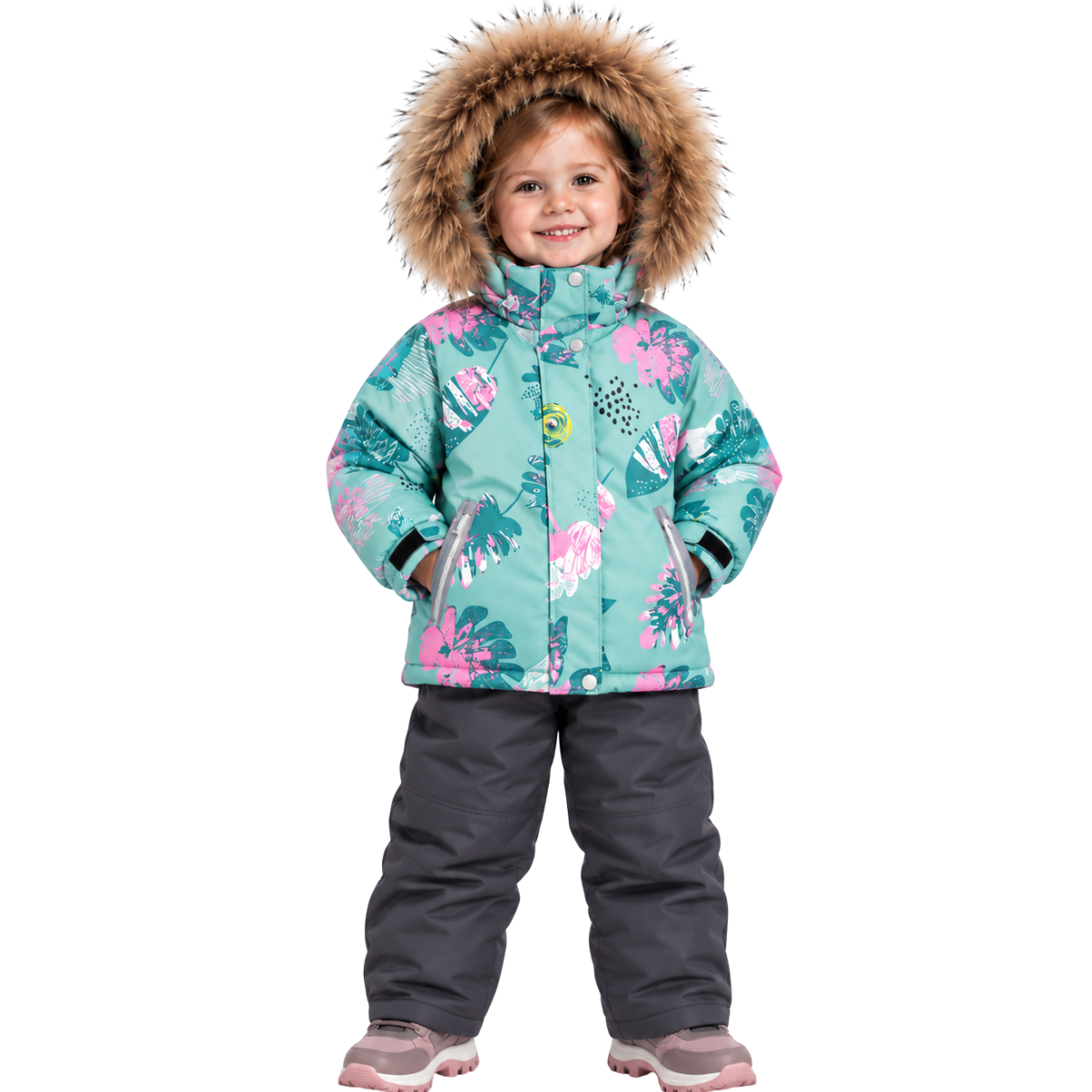 7709 Girls’ Winter 2-Piece Set | Jacket & Bib Overalls | Waterproof & Windproof Membrane | Natural Fur Hood Trim | Floral & Leaf Print | Ages 2–6 Years | Sizes 92–116 cm