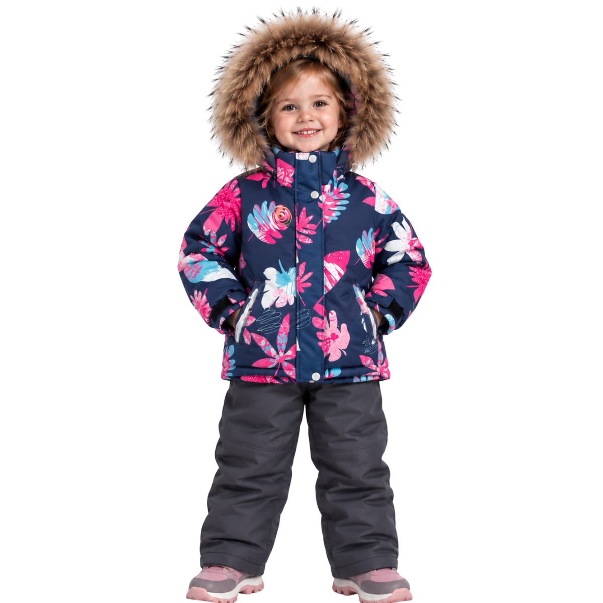 7709 Girls’ Winter 2-Piece Set | Jacket & Bib Overalls | Waterproof & Windproof Membrane | Natural Fur Hood Trim | Floral & Leaf Print | Ages 2–6 Years | Sizes 92–116 cm