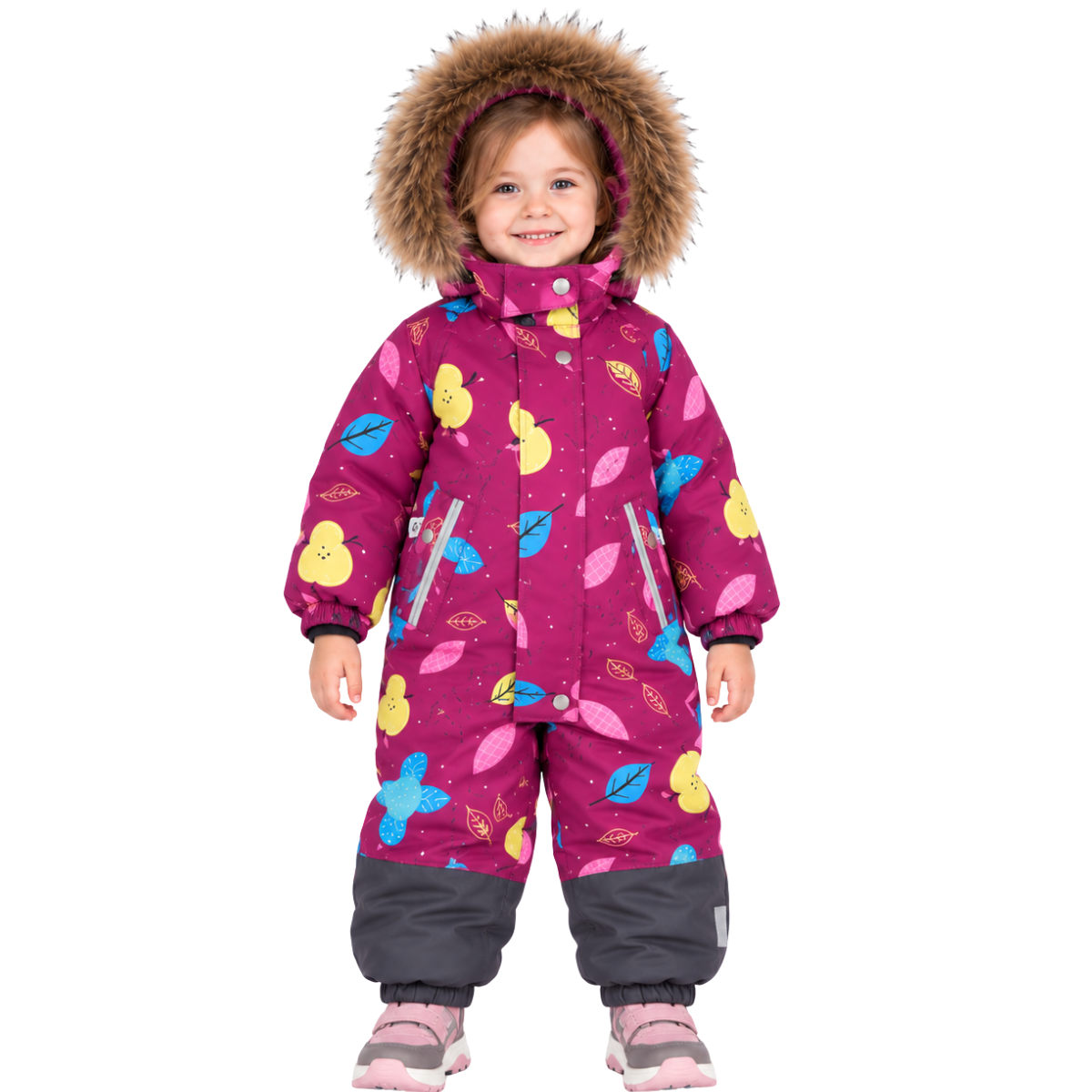 813 Girls’ Winter Snowsuit | Waterproof & Windproof Membrane Fabric & Real Fur Hood | Fleece-Lined | Apple, Pear & Leaf Print | Ages 1–4 Years | Sizes 80–104 cm