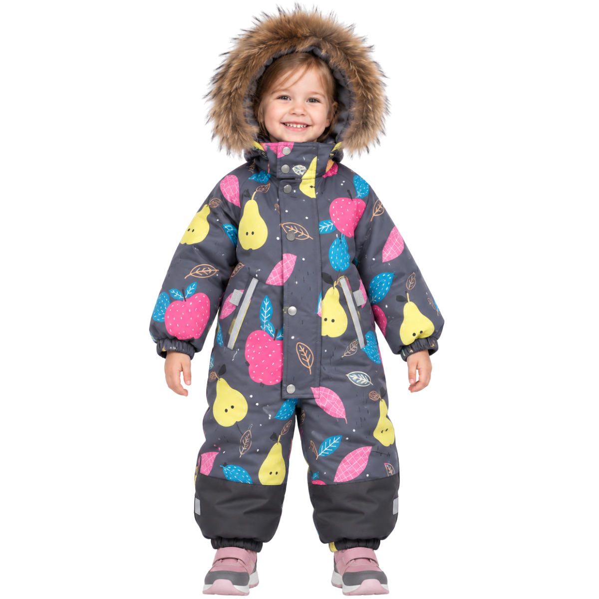 813 Girls’ Winter Snowsuit | Waterproof & Windproof Membrane Fabric & Real Fur Hood | Fleece-Lined | Apple, Pear & Leaf Print | Ages 1–4 Years | Sizes 80–104 cm