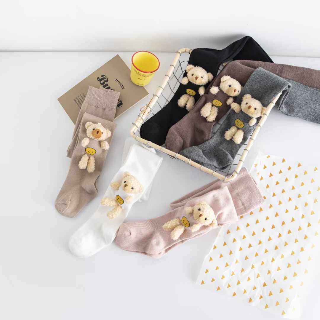 6106 Girls' Cotton Tights -Plush Bear Toy | Spring–Fall | 6 Colors | Ages 2–10 Years
