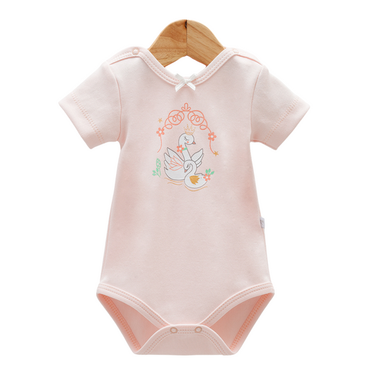 8203  Caramell Baby Girl Bodysuit with Short Sleeves – “Swan” Print | 100% Cotton | Turkey | Sizes 0–9M