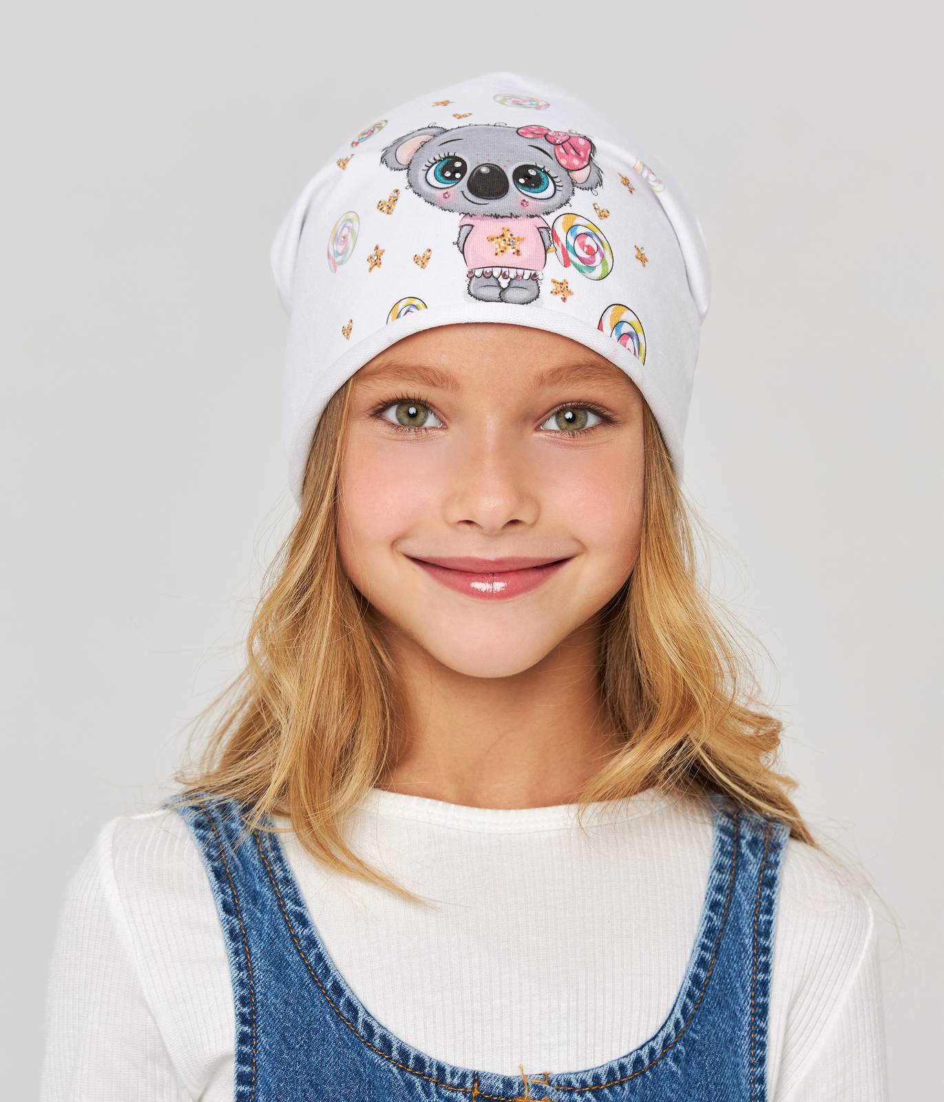 10884 Girls' Lightweight Beanie with Koala & Candy Print 🐨 Cotton Blend | Size 52–54 | Ages 3–5 | Spring & Summer