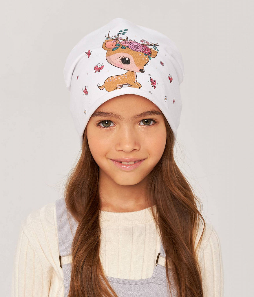 10874 Girls' Cotton Beanie with Cute Deer & Floral Print 🌸  Size 50–52 | Ages 18–36 Months | Spring & Autumn | White & Pink Options