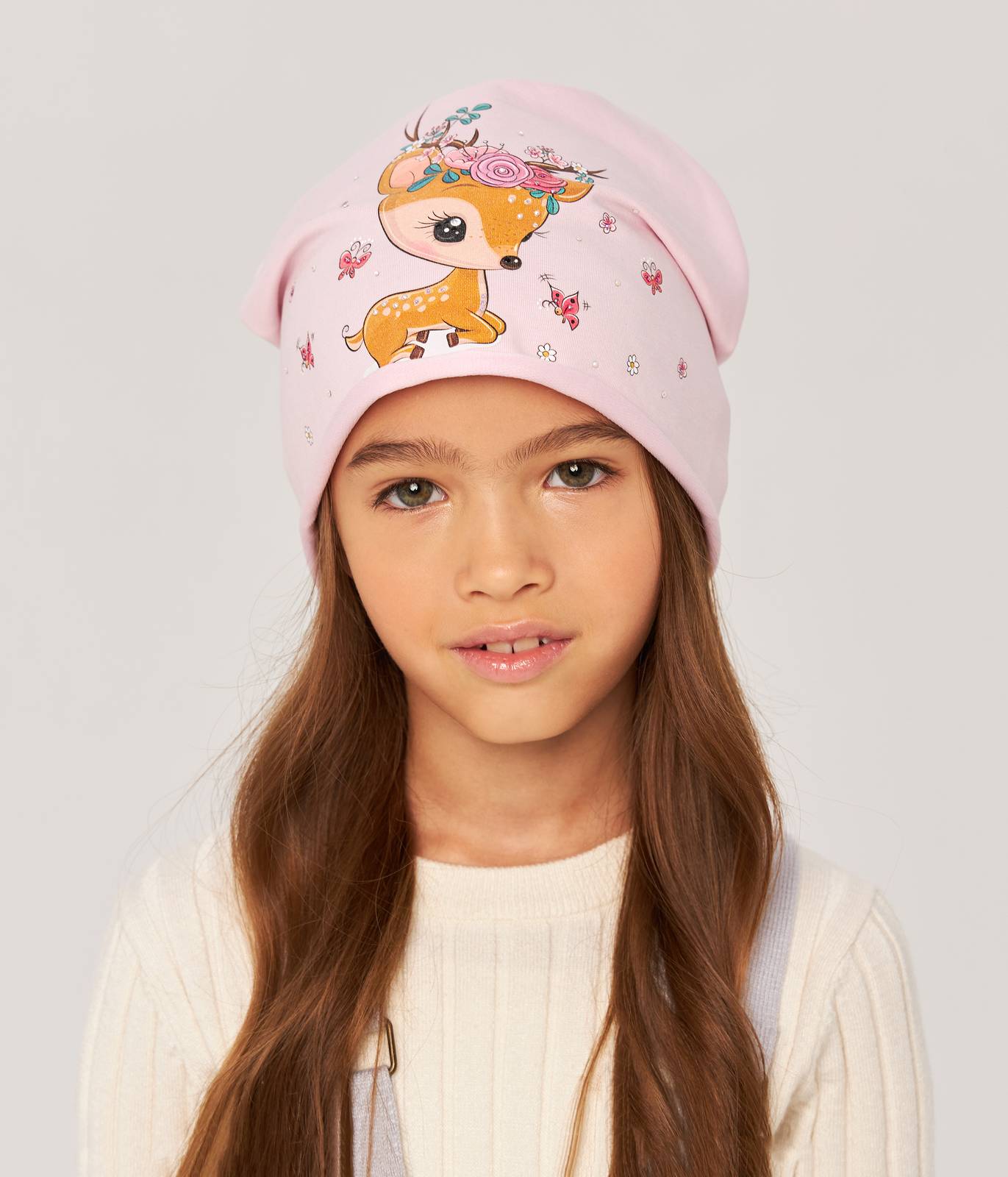 10874 Girls' Cotton Beanie with Cute Deer & Floral Print 🌸  Size 50–52 | Ages 18–36 Months | Spring & Autumn | White & Pink Options