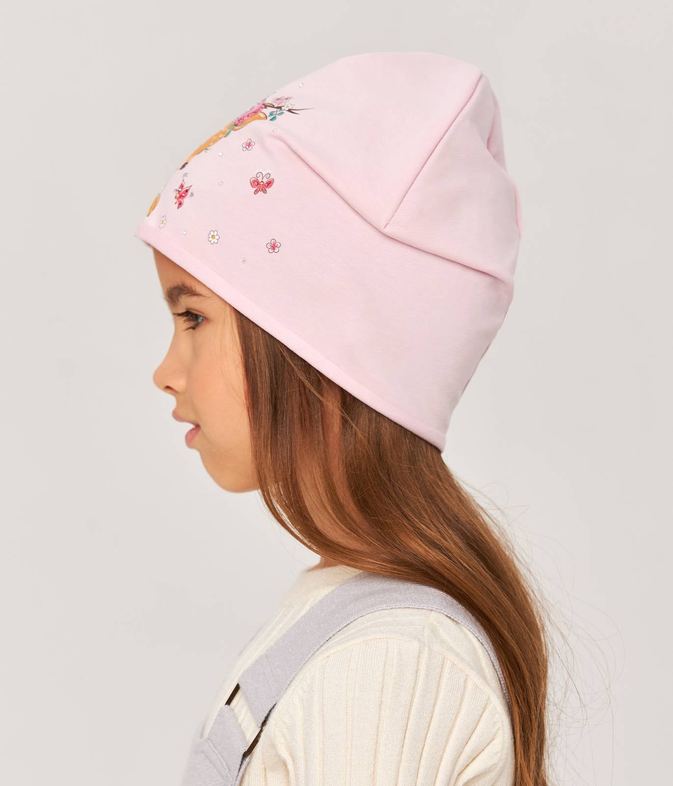 10874 Girls' Cotton Beanie with Cute Deer & Floral Print 🌸  Size 50–52 | Ages 18–36 Months | Spring & Autumn | White & Pink Options