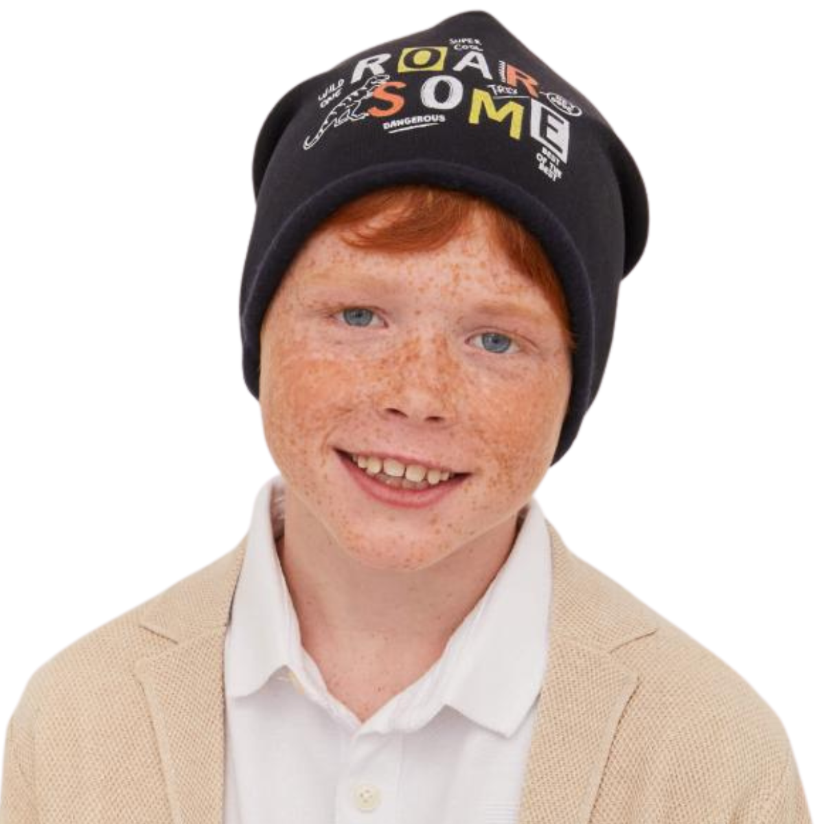 Kids' navy beanie hat with dinosaur ROARSOME print and warm fleece lining

