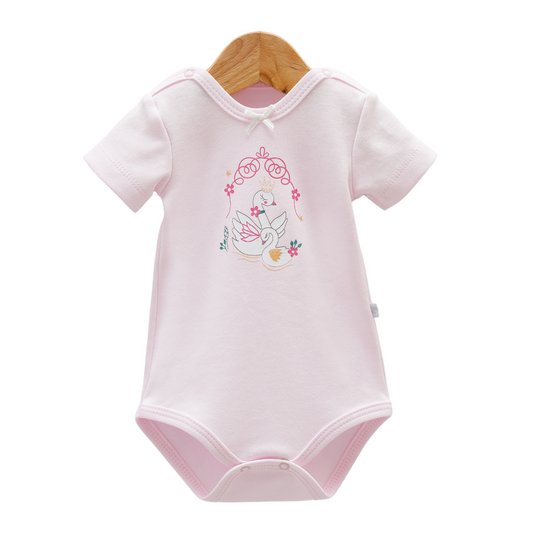 8203  Caramell Baby Girl Bodysuit with Short Sleeves – “Swan” Print | 100% Cotton | Turkey | Sizes 0–9M
