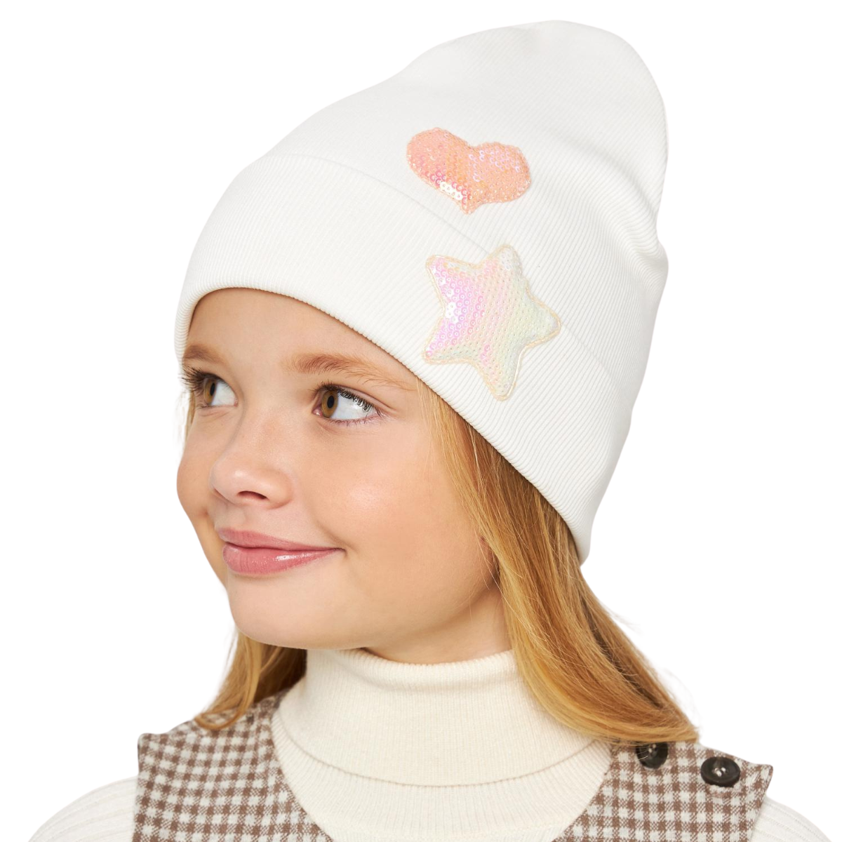 10888 Midweight White Cotton Beanie for Girls – Ribbed Knit Hat with Sequin Star & Heart | Size 52–54 | Ages 3–5 | Spring & Summer
