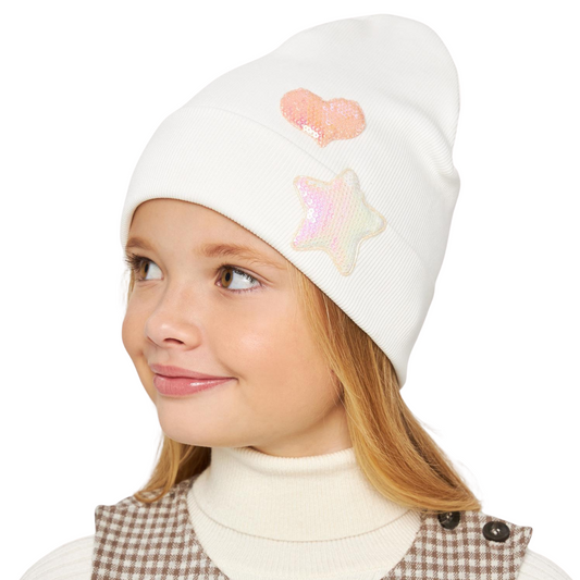 10888 Midweight White Cotton Beanie for Girls – Ribbed Knit Hat with Sequin Star & Heart | Size 52–54 | Ages 3–5 | Spring & Summer