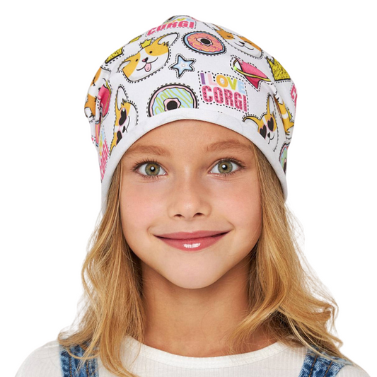 10883 Girls' Lightweight Corgi Print Beanie with Rhinestones 🐶 Cotton Blend | Size 52–54 | Ages 3–5 | Spring & Summer