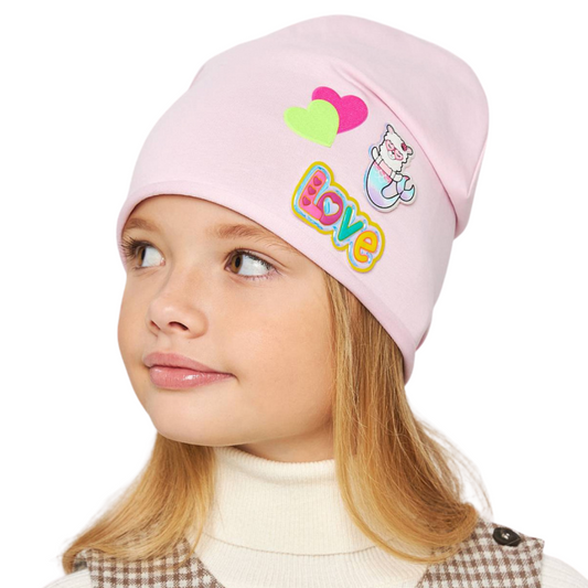 10882 Girls' Lightweight Cotton Beanie with Mermaid Cat & LOVE Print 🐱 Cotton Blend | Size 52–54 | Ages 3–5 | Spring & Summer