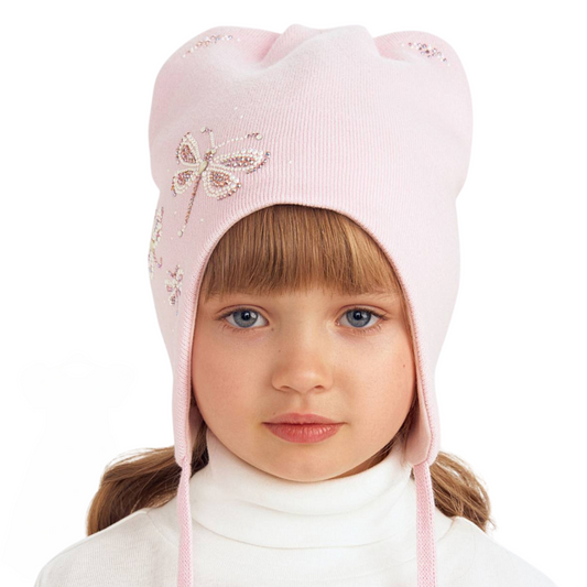 11719 Girls’ Cotton Tie Hat – Glitter Dragonfly Design | 100% Cotton Inside & Out | Size 52–54  / 3-5 Years | Lightweight Spring/Fall Beanie with Ties