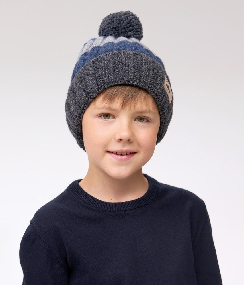 10127 Boys’ Winter Knit Hat with Pom-Pom – Striped Design | Size 52-54 | 3–5 years | Cashmere, Wool | 100% Cotton Lining