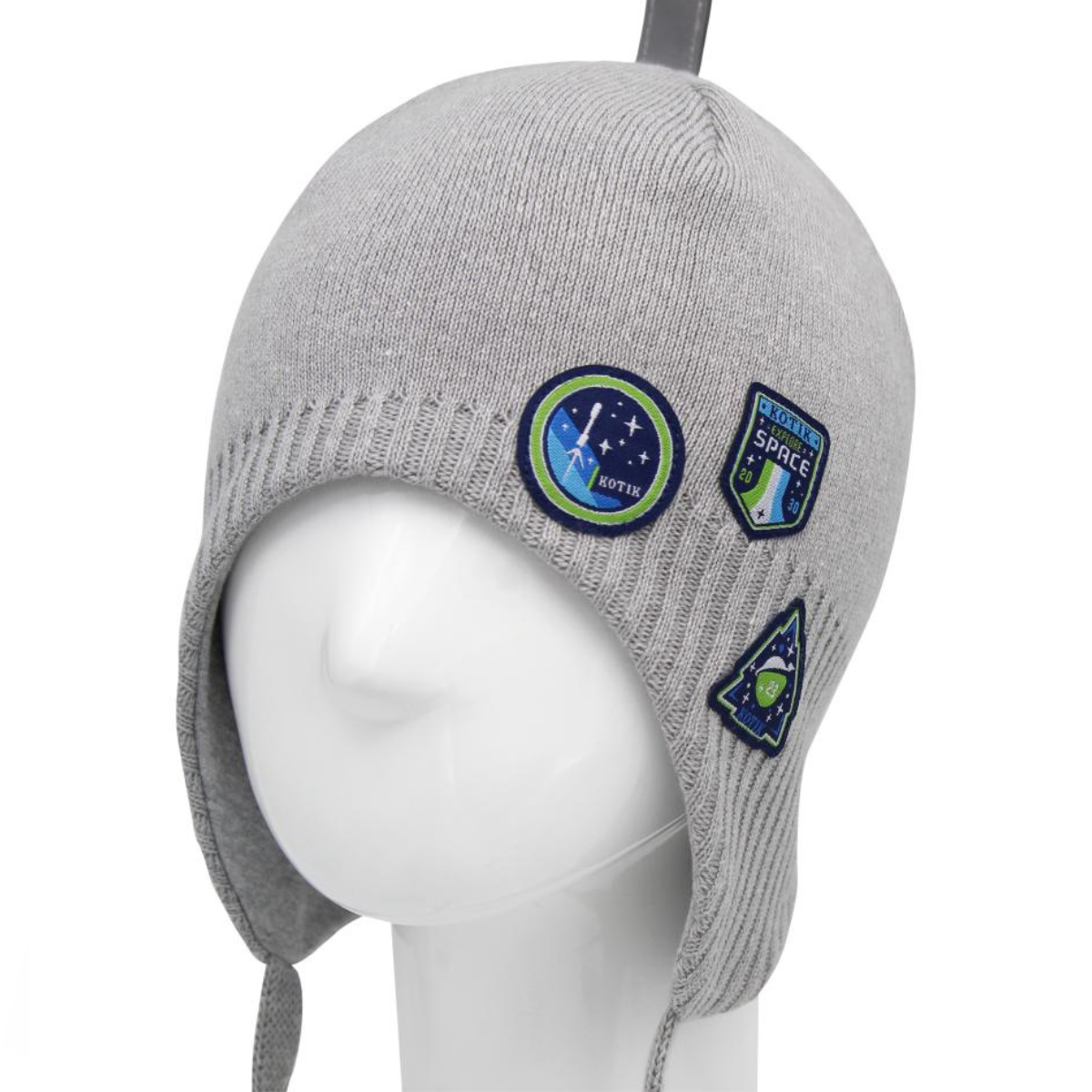 10820  Boys' Space Patch Knit Beanie with Earflaps 🚀 100% Cotton | Size 52–54 | Ages 3–5 | Spring & Autumn