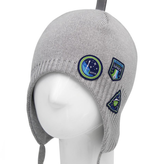 10820  Boys' Space Patch Knit Beanie with Earflaps 🚀 100% Cotton | Size 52–54 | Ages 3–5 | Spring & Autumn