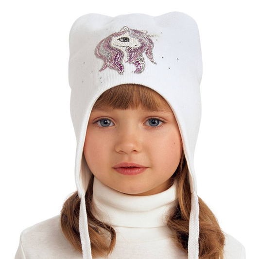 11714 White Knit Kids' Tie-Up Beanie with Ears – Rhinestone Unicorn | 100% Cotton (Knit & Lining) | Fall–Spring | Size 52–54 | Ages 3–5