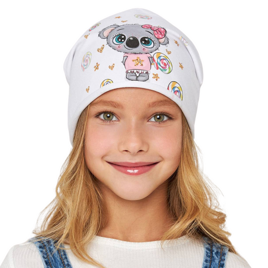 10884 Girls' Lightweight Beanie with Koala & Candy Print 🐨 Cotton Blend | Size 52–54 | Ages 3–5 | Spring & Summer