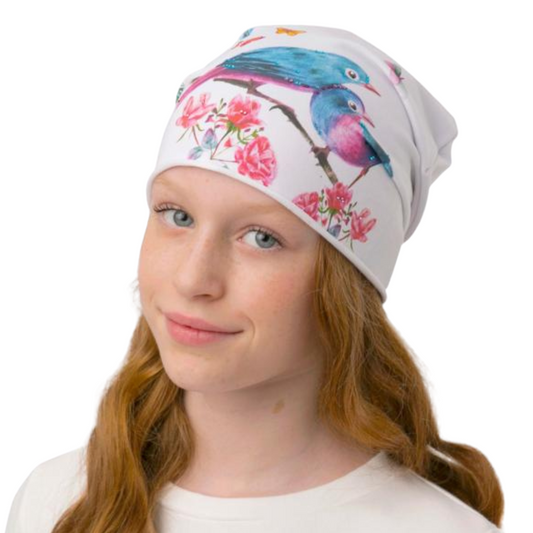 90030 Girls' Beanie with Watercolor Birds & Blossoms – Lightweight Cotton Hat for Spring & Summer | Size 54–56 | Ages 6–12